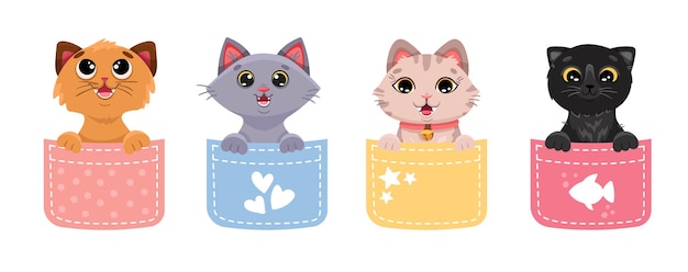 Simpatici gatti in tasca kawaii gattini divertenti e felici per tshirt design kids stampa baby shower