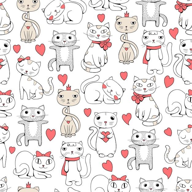 Cute cats seamless. Funny pets doodle pattern for kids textile design cats illustrations.