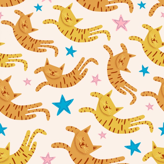 Cute cats seamless pattern with stars funny drawing of  kittens