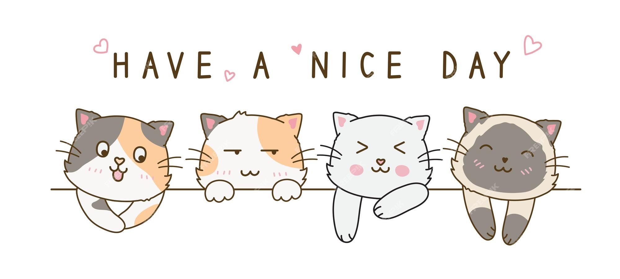 Cute Cat Have A Nice Day Greeting Cartoon Doodle Card Icon