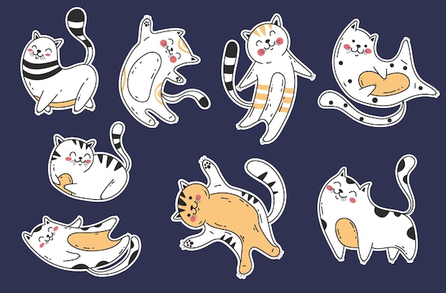 Cute cats stickers different poses domestic pets concept set flat graphic design element