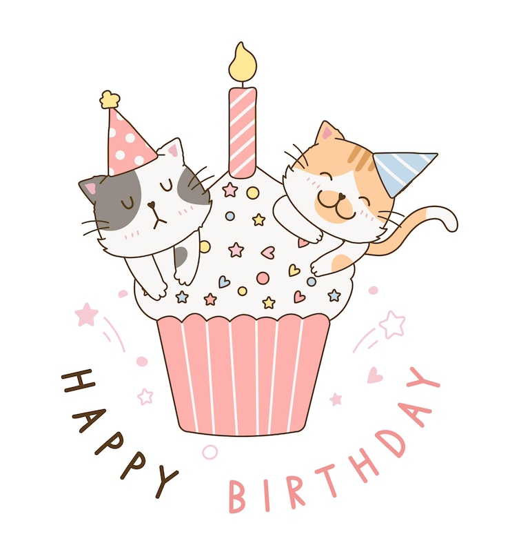 Vector 생일 축하 낙서 그림 그림을 축하하는 달콤한 컵케익 위에 귀여운 고양이