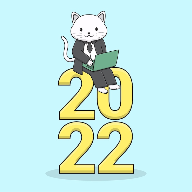Vector cute cats with 2022 typography and laptop