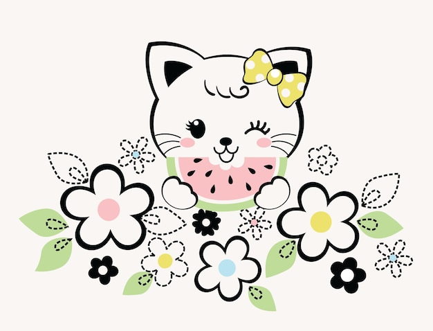 美しい花とかわいい猫ベクトルイラスト