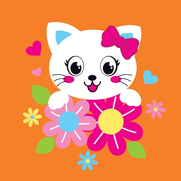 아름다운 꽃 벡터 일러스트와 함께 귀여운 고양이