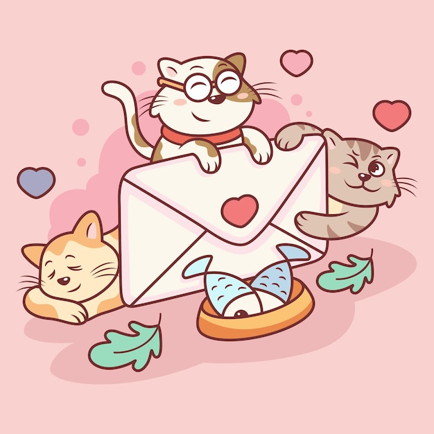 Cute cats with letter of love cartoon