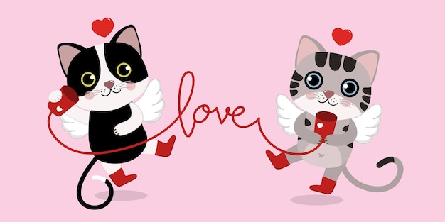 Cute cats with little cupid wings and red heart