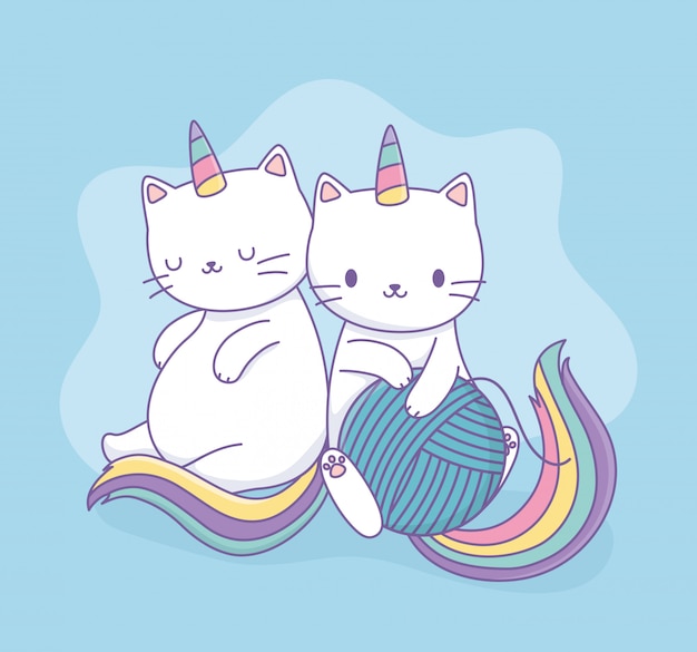 Cute cats with rainbow tails and wool ball kawaii characters