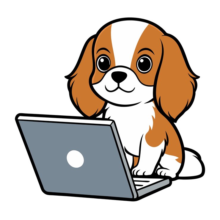 Vector cute cavalier king charles spaniel working on lapt cartoon vector