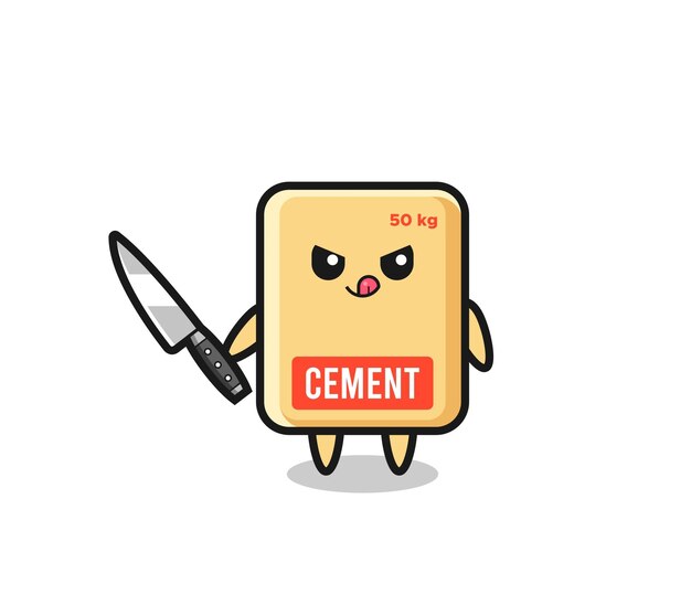 Cute cement sack mascot as a psychopath holding a knife cute design