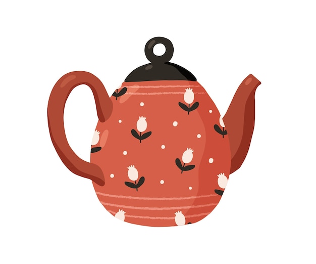 Vector cute ceramic colored teapot isolated on white background. red tea kettle painted in dots and flowers. kitchen crockery item. hand drawn flat vector illustration.