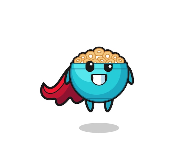 The cute cereal bowl character as a flying superhero