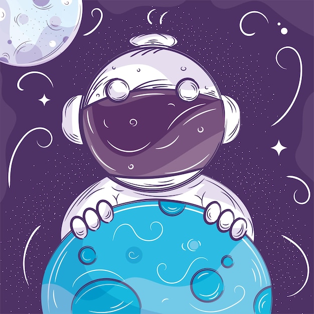 宇宙飛行士のキャラクターと月のかわいい黒板スケッチ ベクトルイラスト
