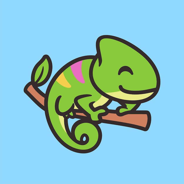 Cute chameleon cartoon character logo design, flat design style