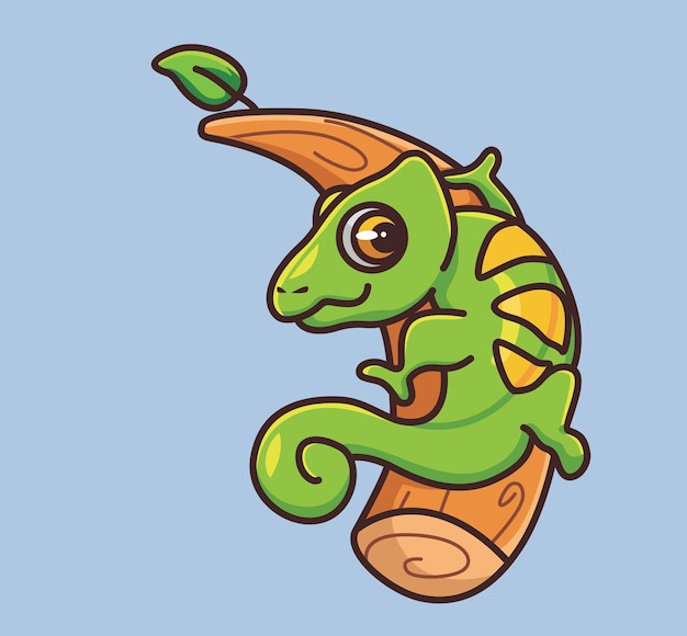 Vector cute chameleon walking on the branch. cartoon animal nature concept isolated illustration. flat style suitable for sticker icon design premium logo vector. mascot character