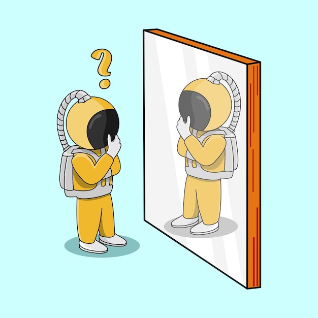 Симпатичный персонаж, космонавт смотрит в зеркало, подходит для детских книг, икон, социальной медицины