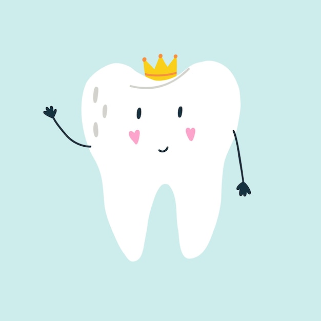 Cute character baby white tooth with yellow crown
