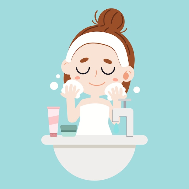 A cute character cartoon girl washing face on blue background.