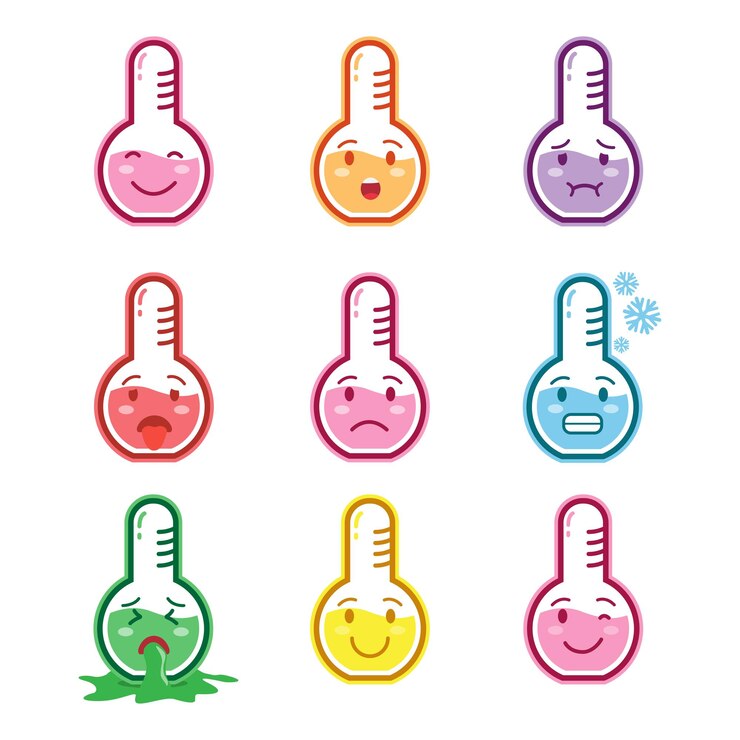 Vector cute character chemistry glassware tube expressions set collection flat illustration design