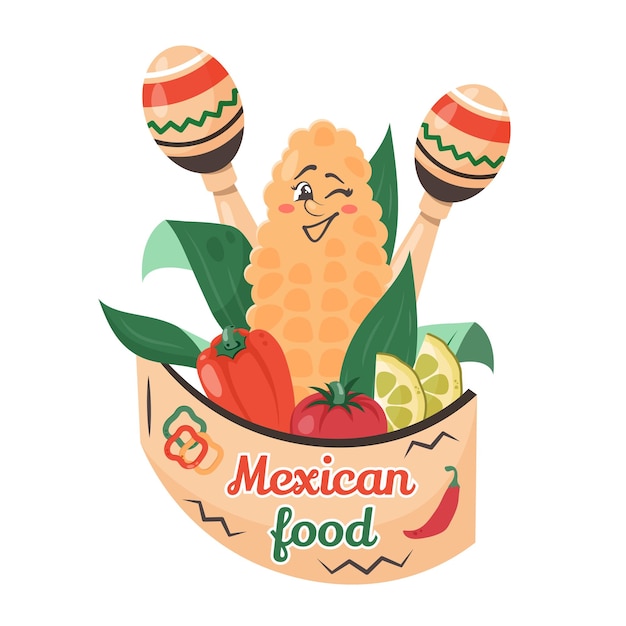 Vector cute character corn with national elements vegetables and frame mexican food vector