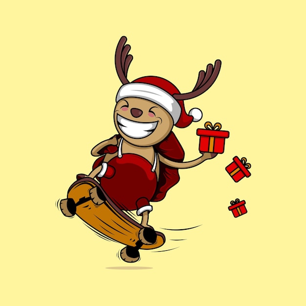 Simpatico personaggio cervo che distribuisce regali di natale con icone di skateboard vector cartoon illustrazione.