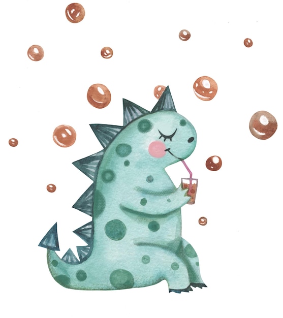 Cute character dinosaur hand drawn in watercolor with bubbles.