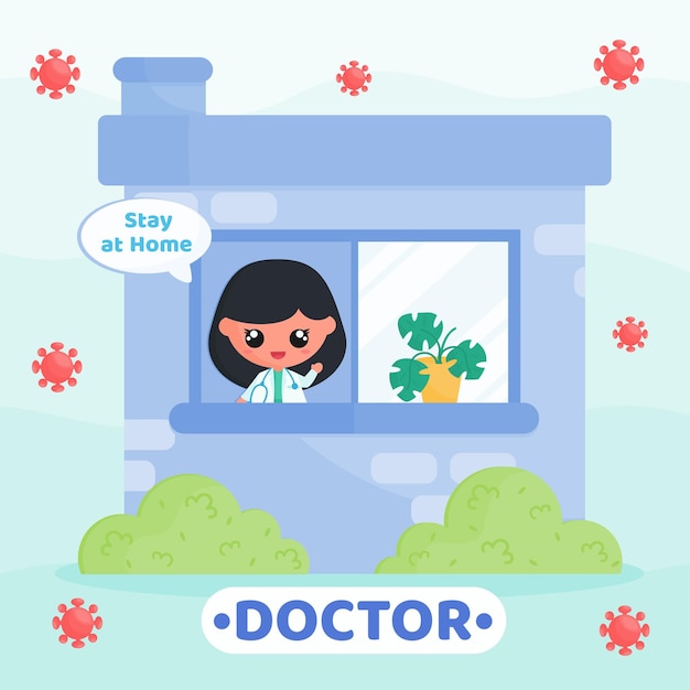 Cute character in doctor uniform doing stay at home campaign inside house to prevent virus