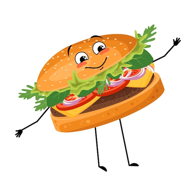 Cute character hamburger with happy emotions