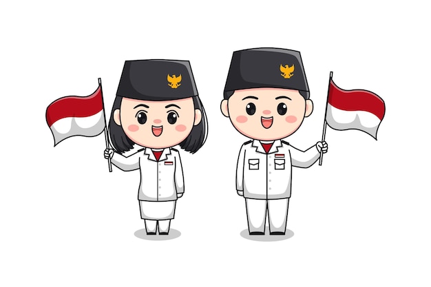 Cute character heritage flag hoisting troop indonesia independence day flat cartoon illustration