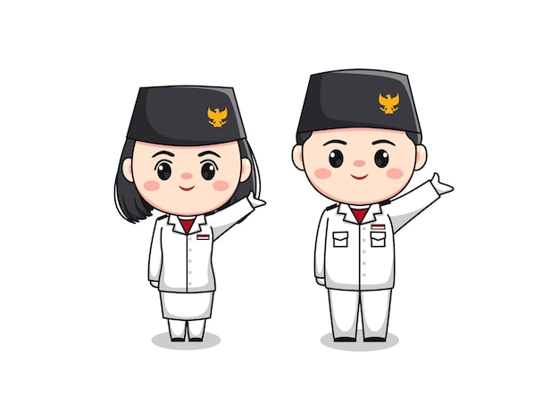 Cute character heritage flag hoisting troop indonesia independence day flat cartoon illustration