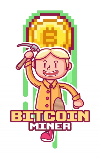 Cute character holding pickaxe. bitcoin miner with character.