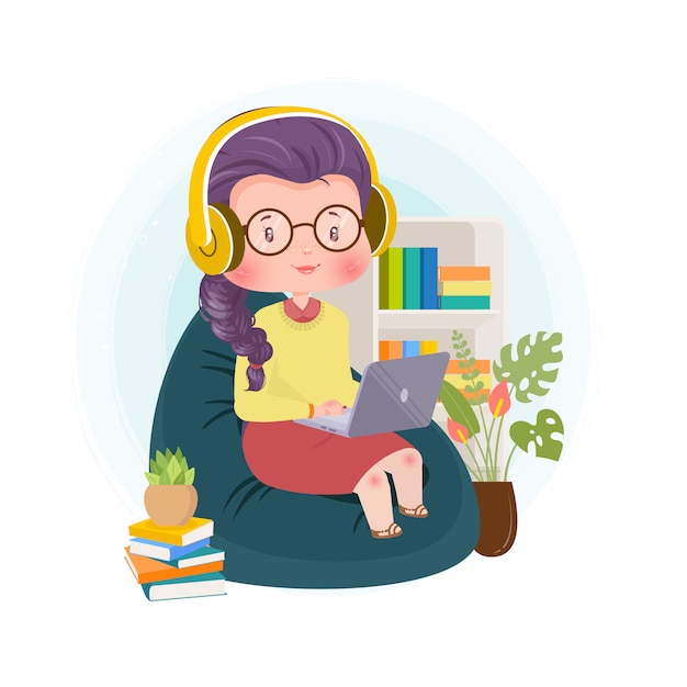 Cute Character Listening Music Watching Movie in Laptop  Concept    Illustration Stay at home