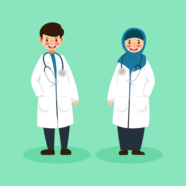 Симпатичный персонаж мужчина-врач и женщина-врач в хиджабе