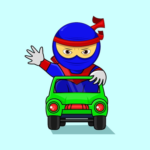 cute character, ninja driving a car, icon, suitable for children's books, t-shirts, displays and oth