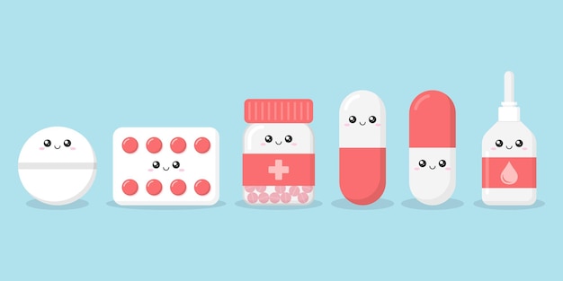 Cute character pills icon in flat style Happy tablet vector illustration on isolated background Medical drug sign business concept