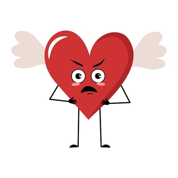 Cute character red heart with wings and angry emotions face arms and legs the funny or grumpy festiv...