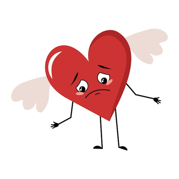 Cute character red heart with wings and sad emotions depressed face down eyes arms and legs festive ...