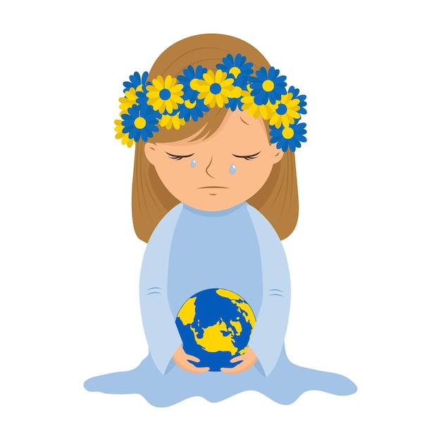 Cute character of a sad Ukrainian girl in a flower wreath Illustration Vector