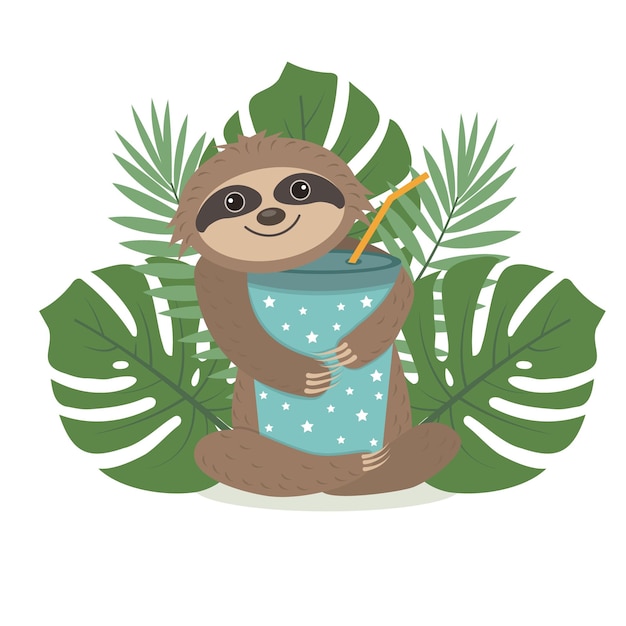 Vector cute character sloth holding a glass with a drink, color isolated vector illustration.