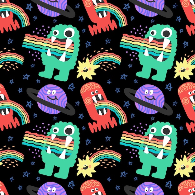 cute character space aliens stars and planets seamless pattern