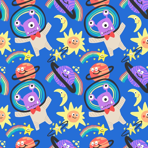 cute character space aliens stars and planets seamless pattern