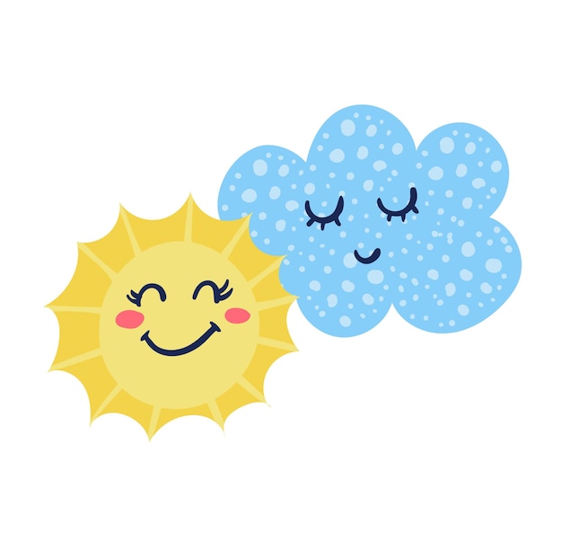 ベクトル かわいいキャラクターの太陽雲は、白で隔離される春の天気暖かい気象条件をお楽しみください