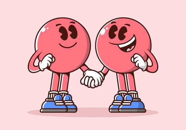 Vector cute character of two ball head in hand in hand pose pink colors