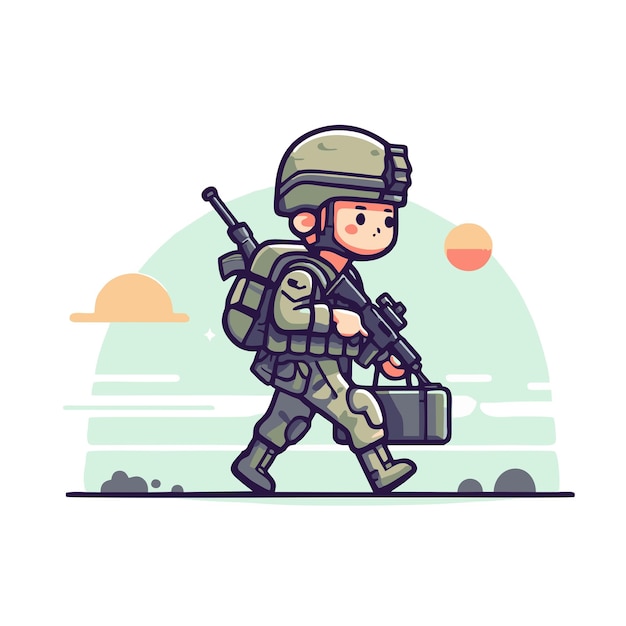 Vector cute character vector design of a soldier carrying a suitcase and a gun on his shoulder