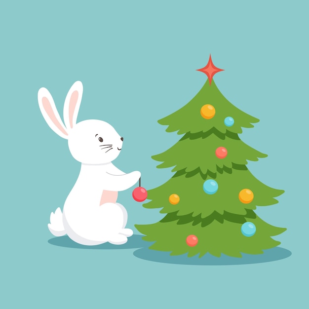 Cute character white bunny decorate Christmas tree Vector illustration of rabbit on blue background Symbol 2023 new year