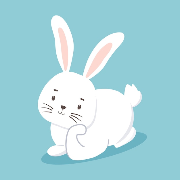 Милый персонаж белый кролик лежит и мечтает векторная иллюстрация кролика на синем фоне символ нового 2023 года и пасхи