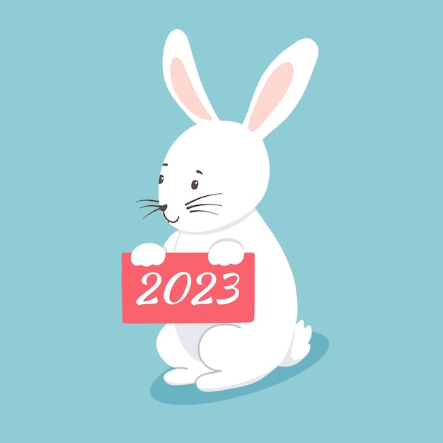 Cute character white bunny with tablet 2023 Vector illustration of rabbit isolated on blue background Symbol new year