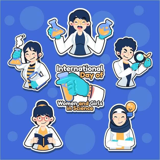 Vector cute character of women and girl in science sticker set