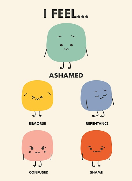 Vector cute characters expressing different emotions of ashamed and text vector illustration