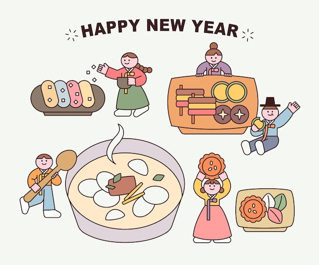 Vector cute characters in korean traditional costumes are eating huge traditional korean food.